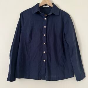 Hannah canvas 100% Linen Buttondown Navy Blue Top Lagenlook Relaxed Medium